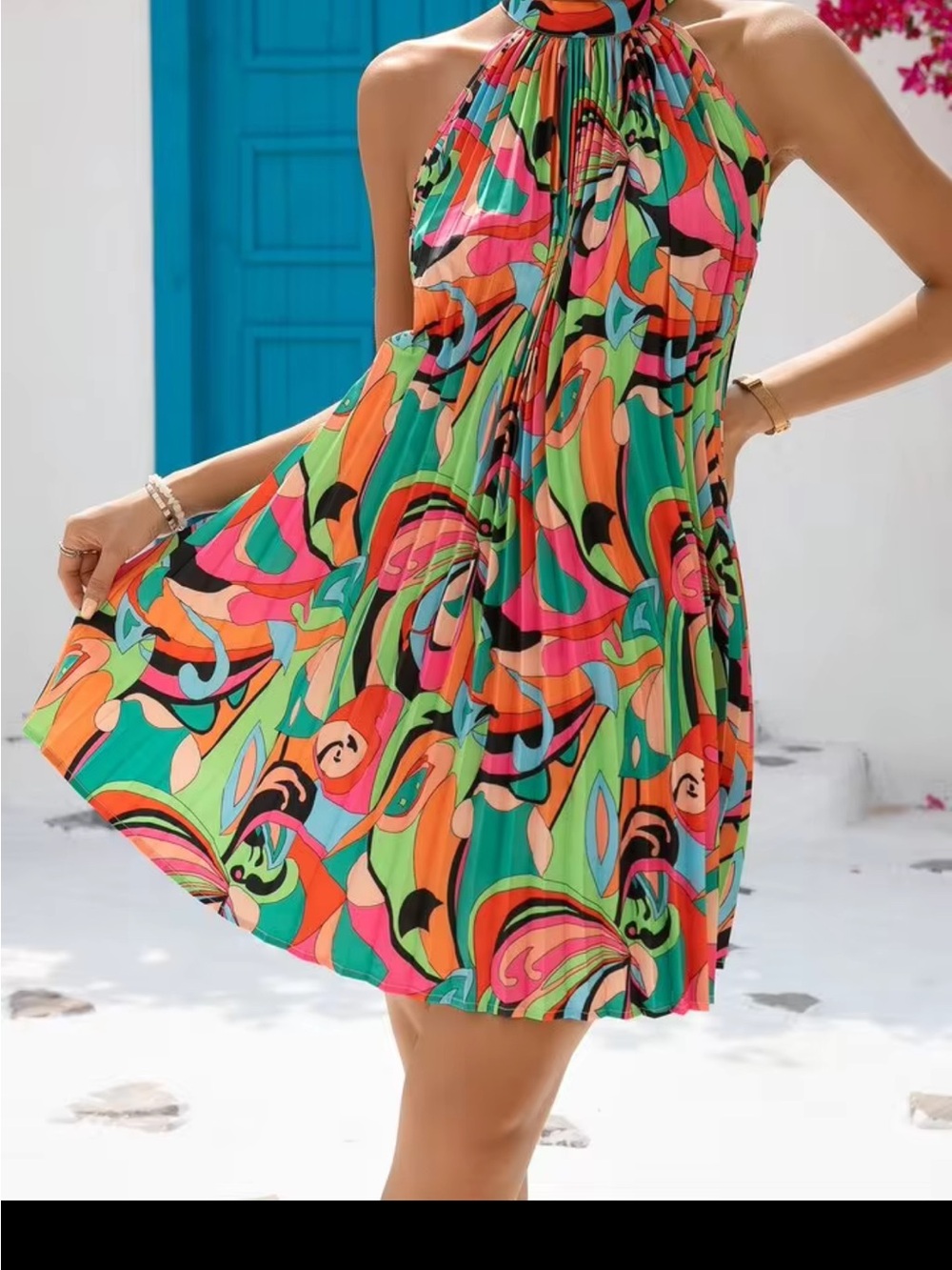 Vibrant Multicolor Pleated Tie Back Halter Mini Dress - Picture 6 of 7